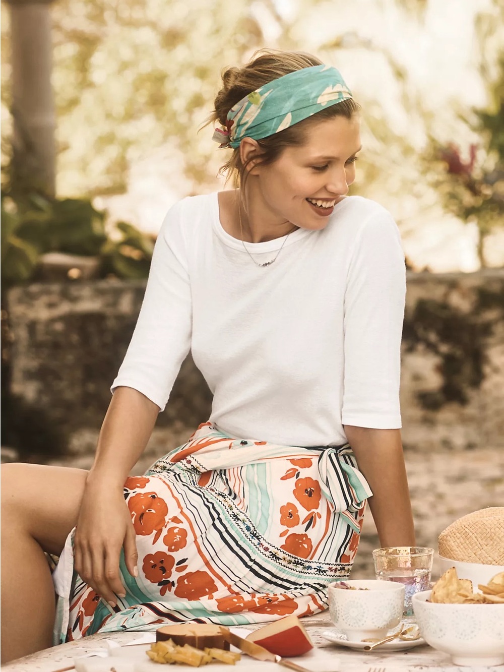 Anthropologie One September Frida Floral Stripe Tiered Wrap Skirt XS Orange Aqua